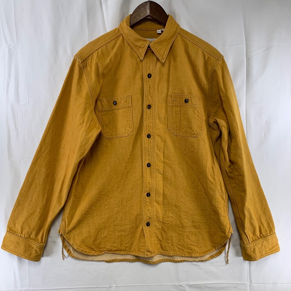 Gustin Work Shirt Men XXL fit L Mustard Yellow Cotton Button Up USA Throat Latch